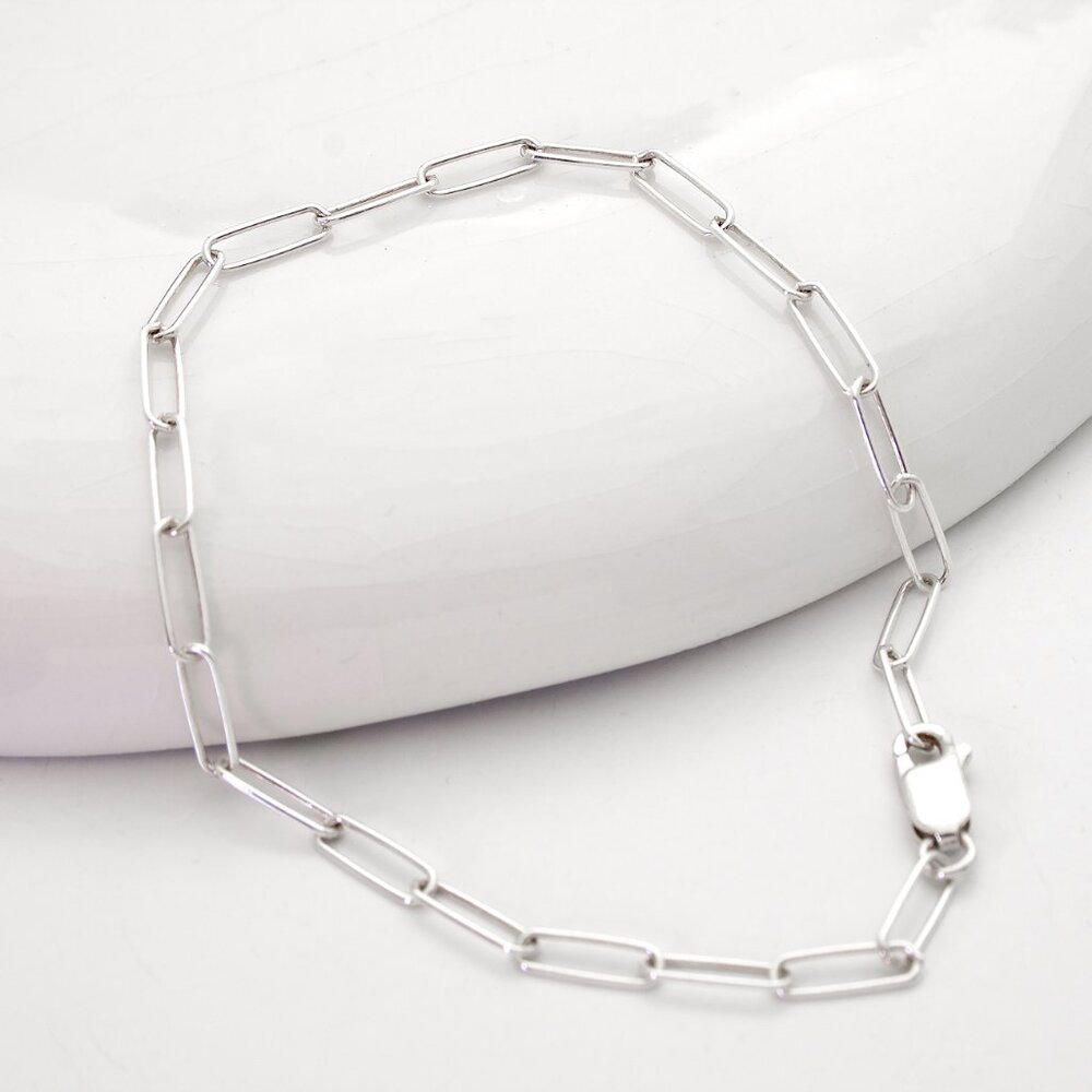 Real Solid 925 Sterling Silver Paperclip Bracelet, Round Link Chain, Stamped 925